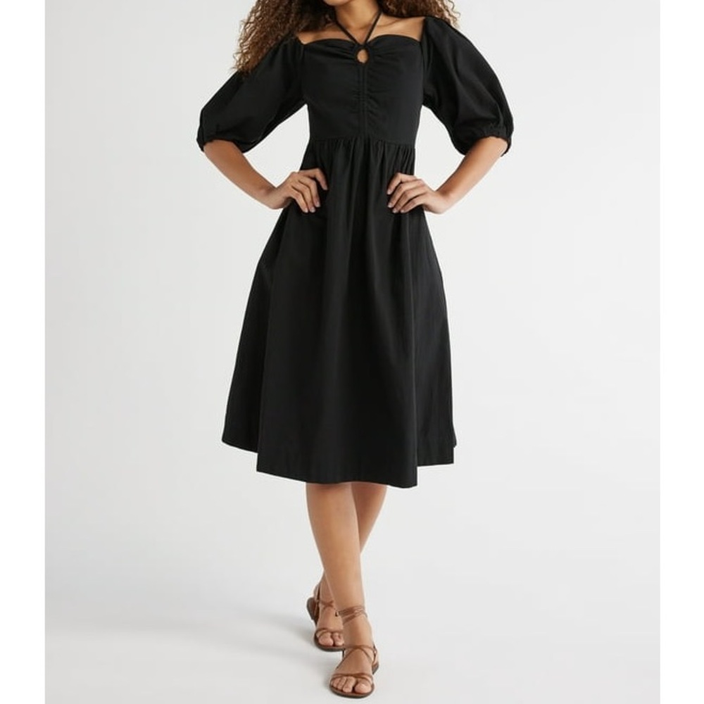 Free Assembly Women's Ruched Halter Dress with Puff Sleeves